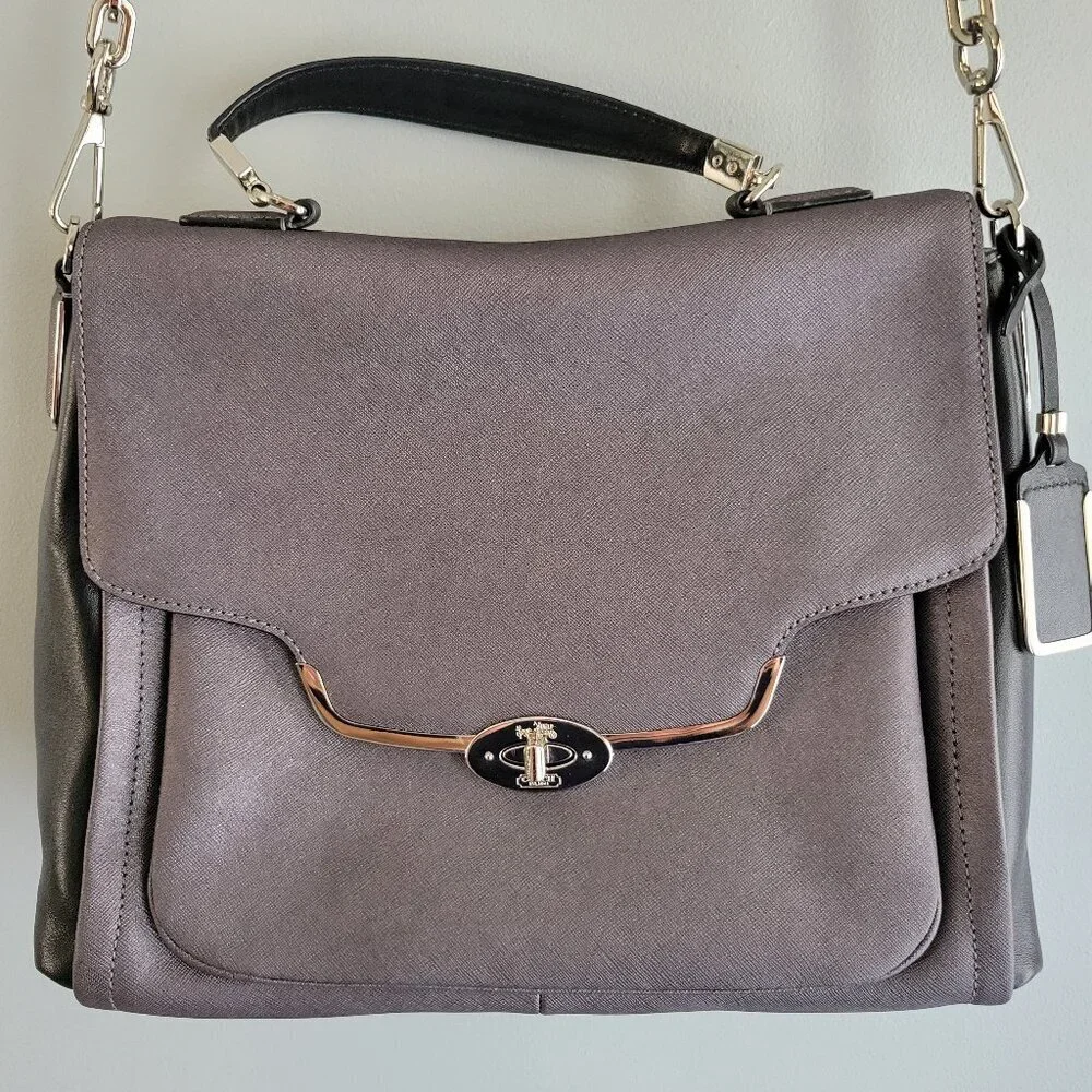 Coach Madison Sadie Flap Satchel with dust bag. metallic grey color.